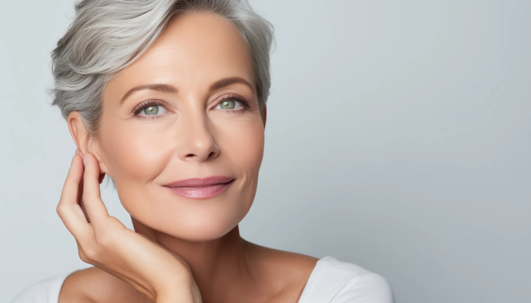 A woman in her fifties with short silver hair, hand at her cheek, on a light grey background
